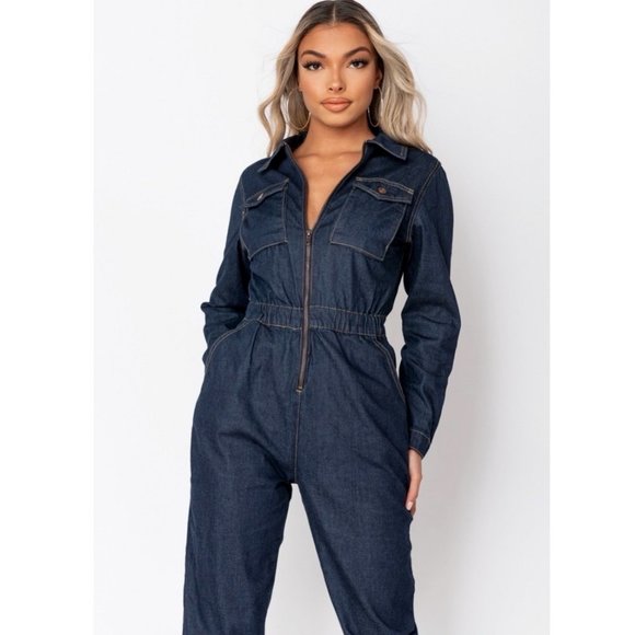 Long Sleeve Denim Jeans Loose Fit Utility Boiler Jumpsuit Playsuit - Picture 2 of 8